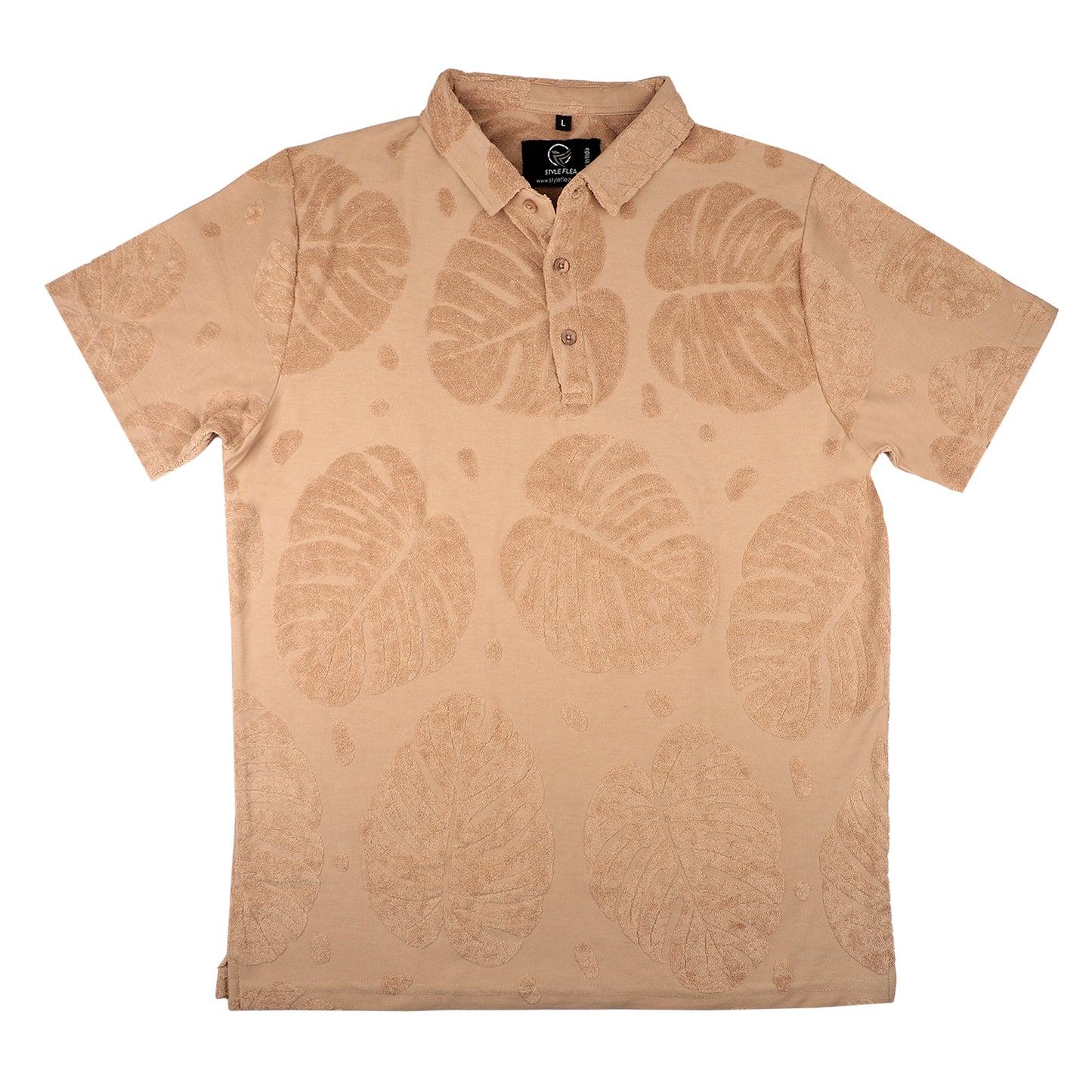 Beige Men Leaf Pattern Polo