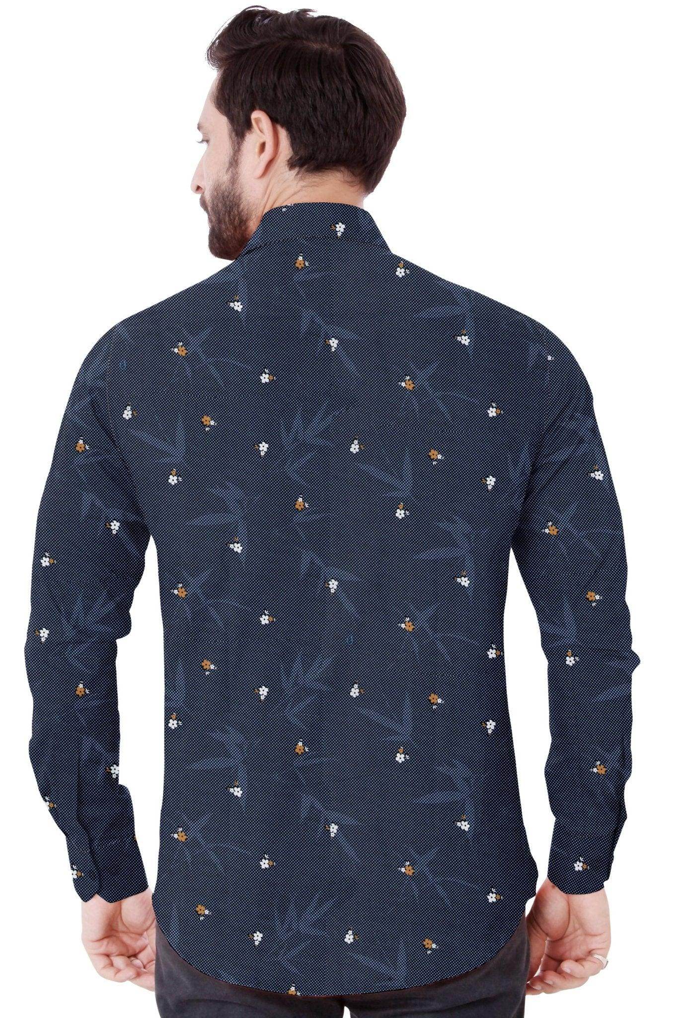 Navy Blue Printed Cotton Shirt - styleflea