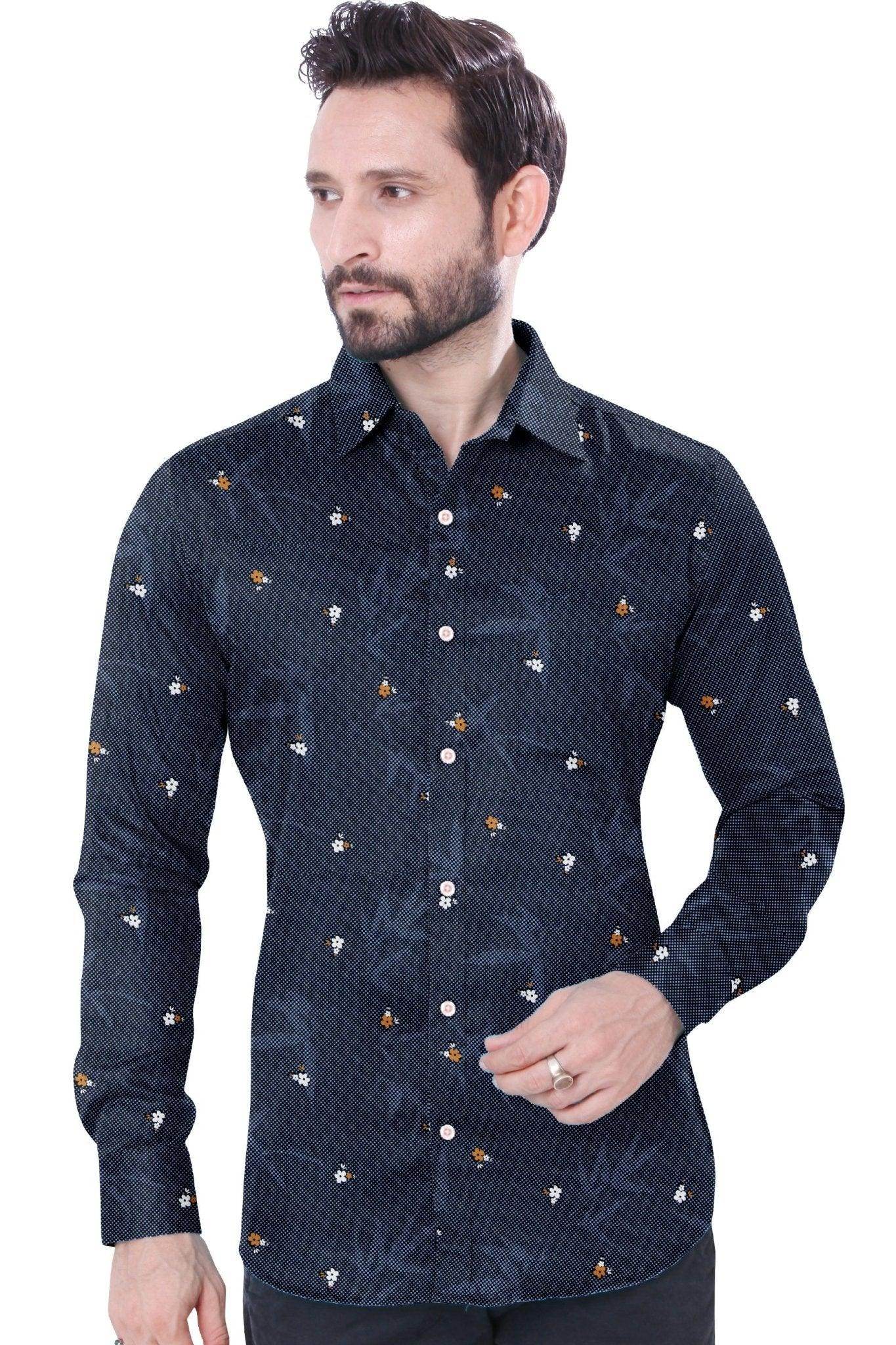 Navy Blue Printed Cotton Shirt - styleflea