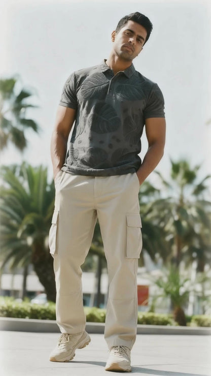 Charcoal  Leaf Pattern Polo T-Shirt