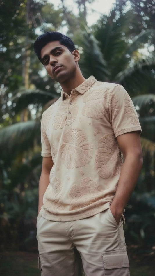 Beige Leaf Pattern Polo T-Shirt