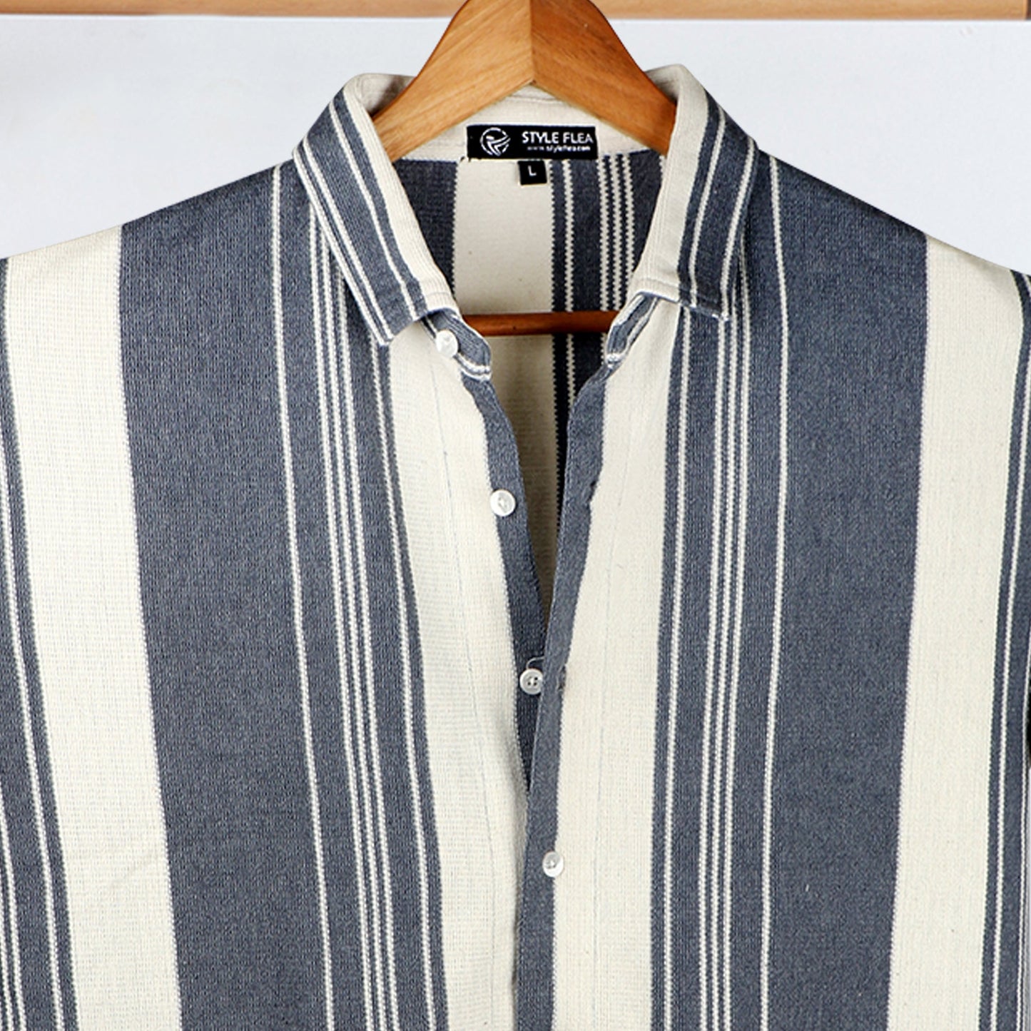 Close-up of Navy & Cream Striped Shirt, showcasing the jacquard knit texture