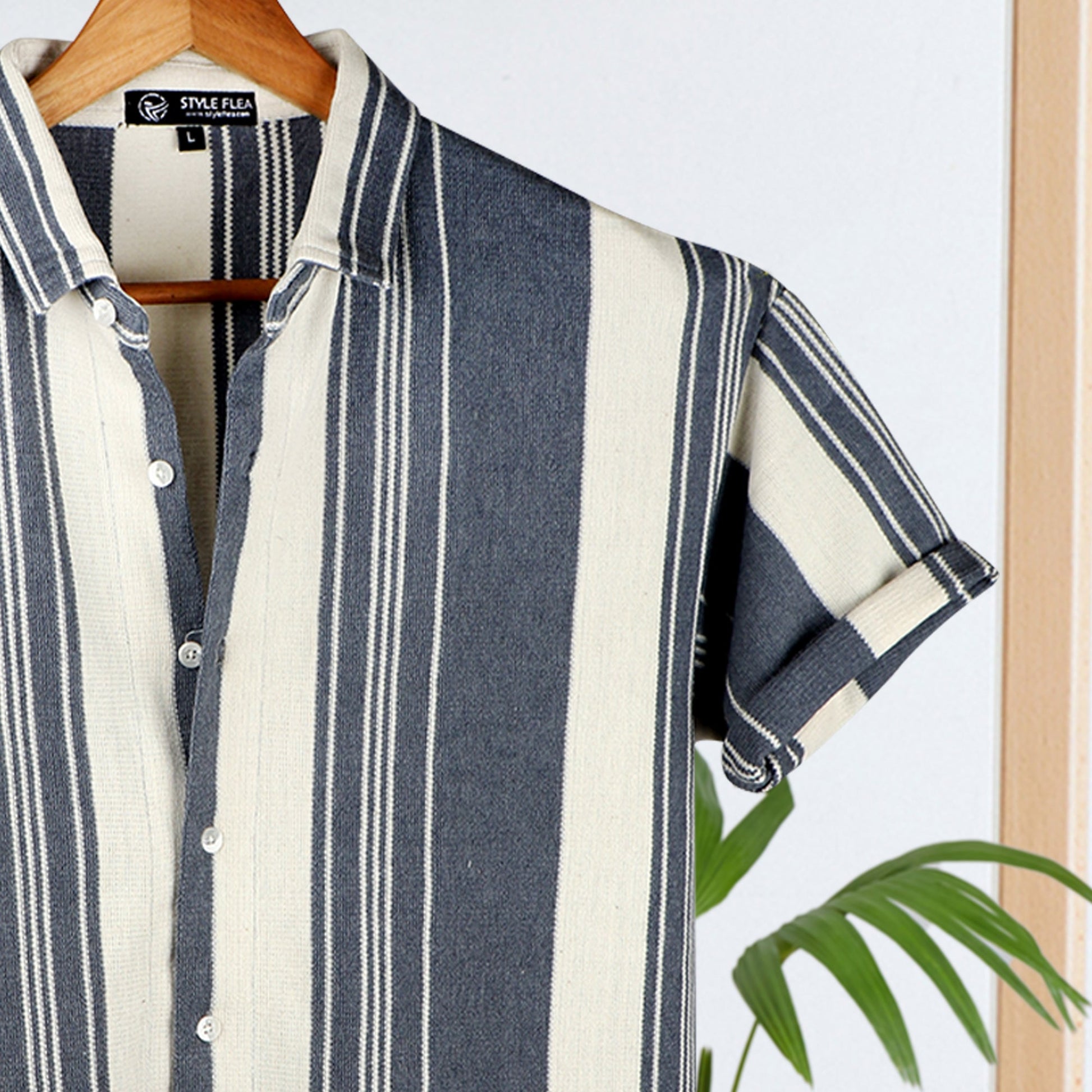 Side view of Navy & Cream Striped Shirt – imported jute jacquard material