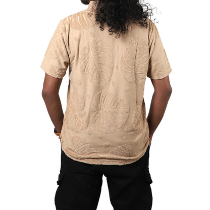 Beige Men Leaf Pattern Polo