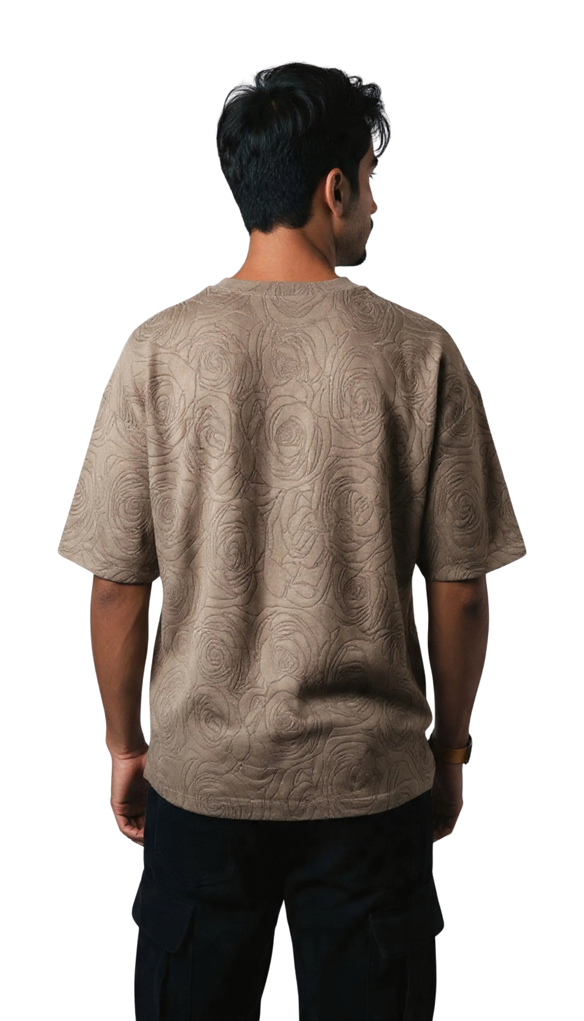 Rose Beige Embossed Drop Shoulder T-Shirt - styleflea
