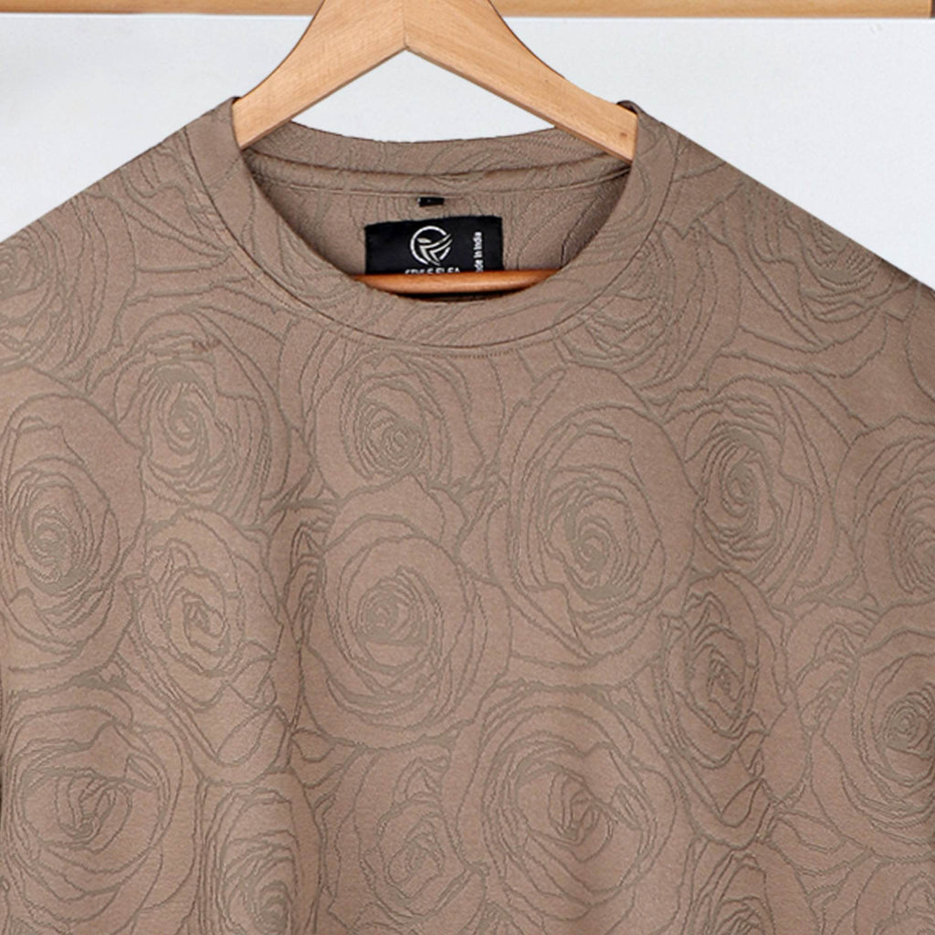 Rose Beige Embossed Drop Shoulder T-Shirt - styleflea