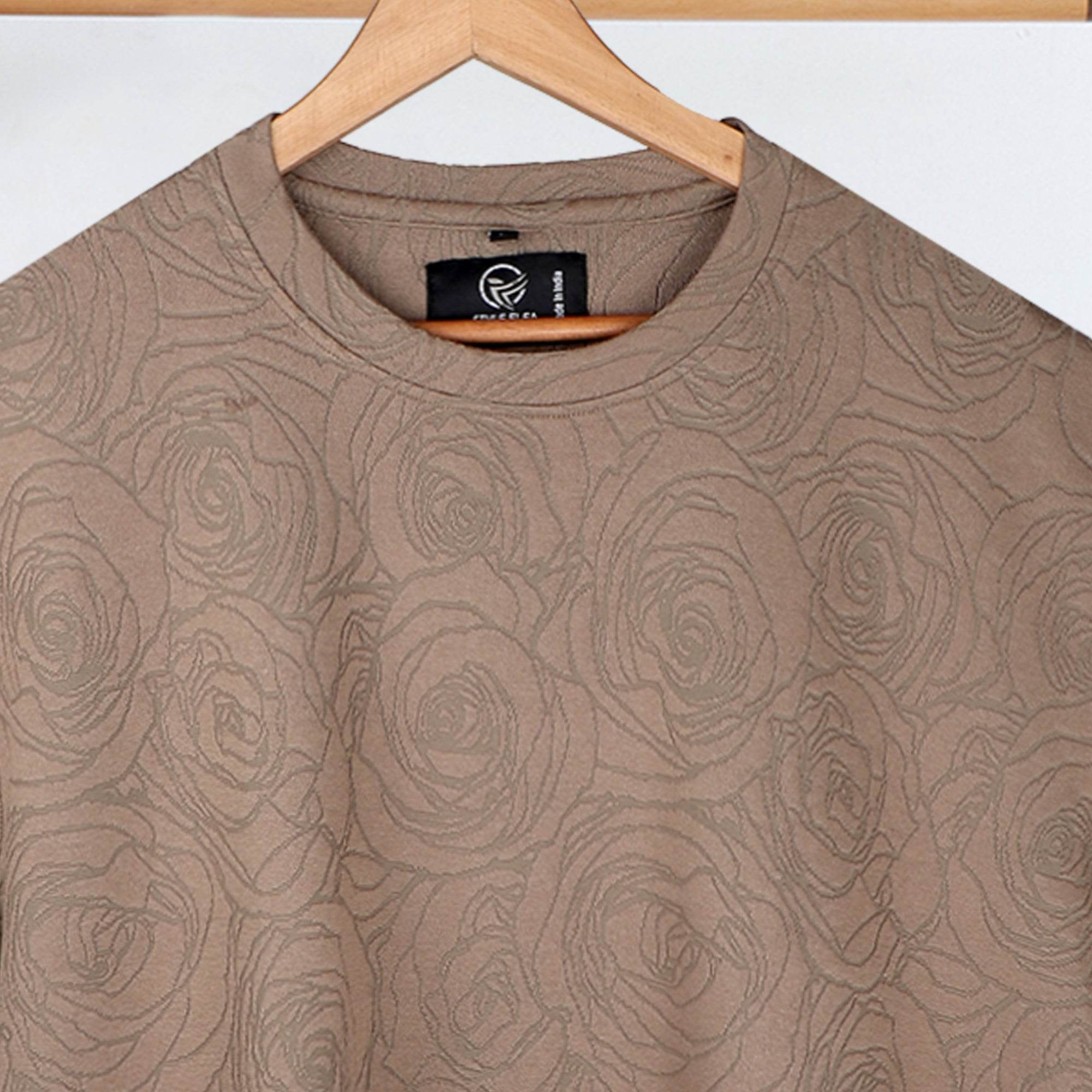 Rose Beige Embossed Drop Shoulder T-Shirt - styleflea