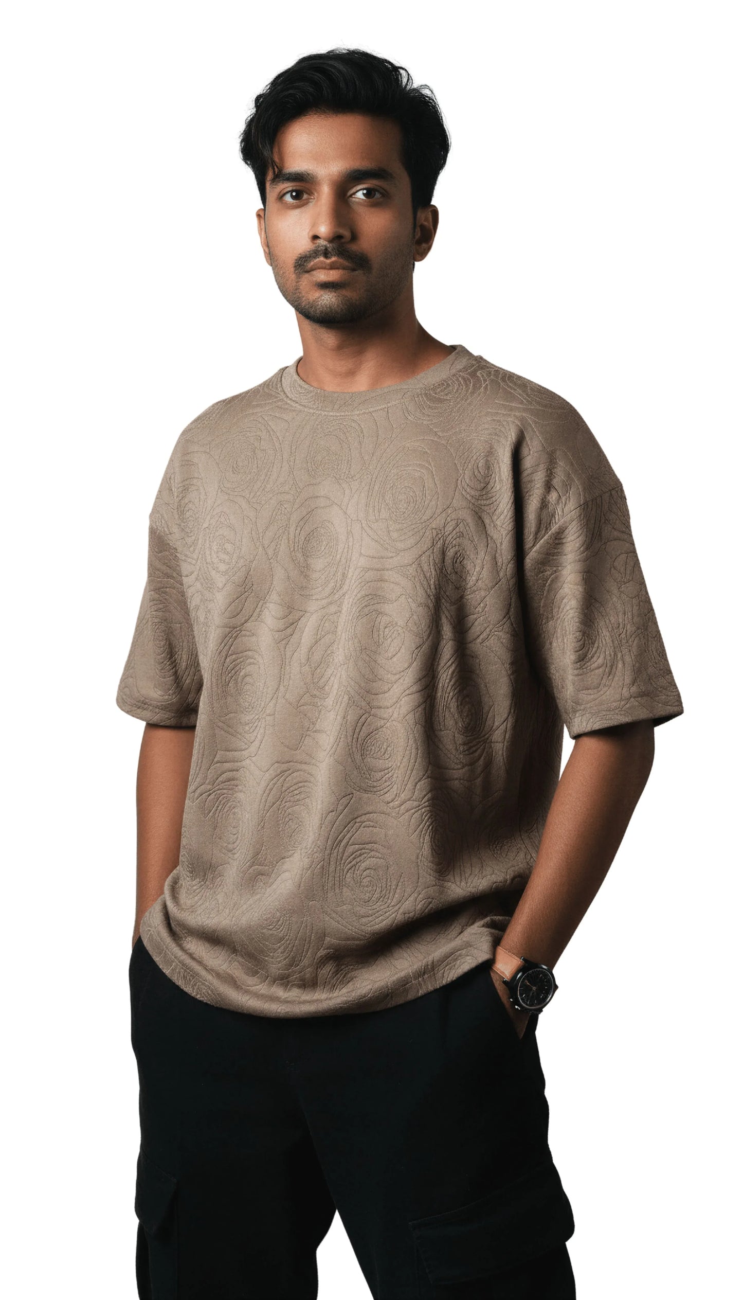 Rose Beige Embossed Drop Shoulder T-Shirt - styleflea