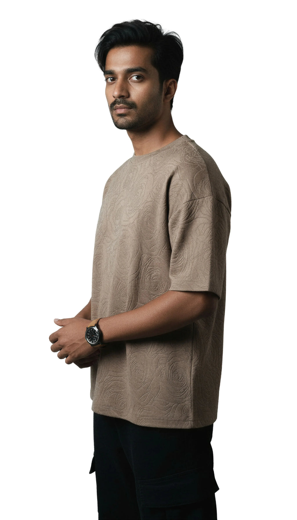 Rose Beige Embossed Drop Shoulder T-Shirt - styleflea