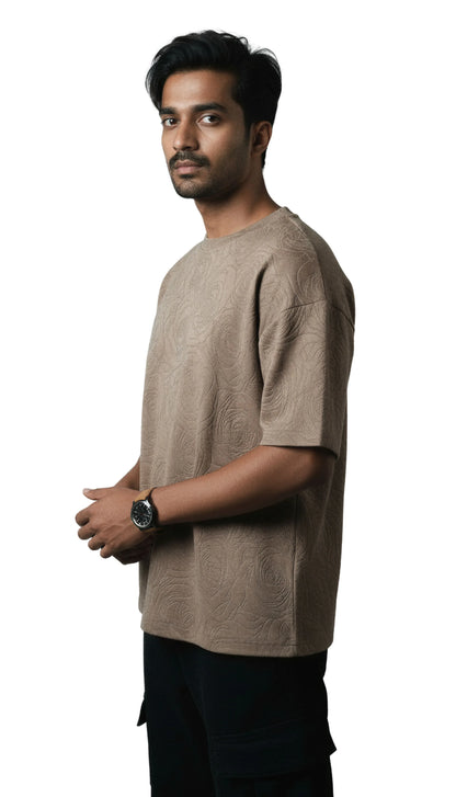 Rose Beige Embossed Drop Shoulder T-Shirt - styleflea