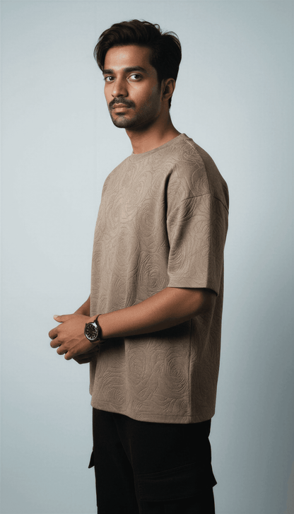 Beige Rose Embossed Drop Shoulder T-Shirt - styleflea