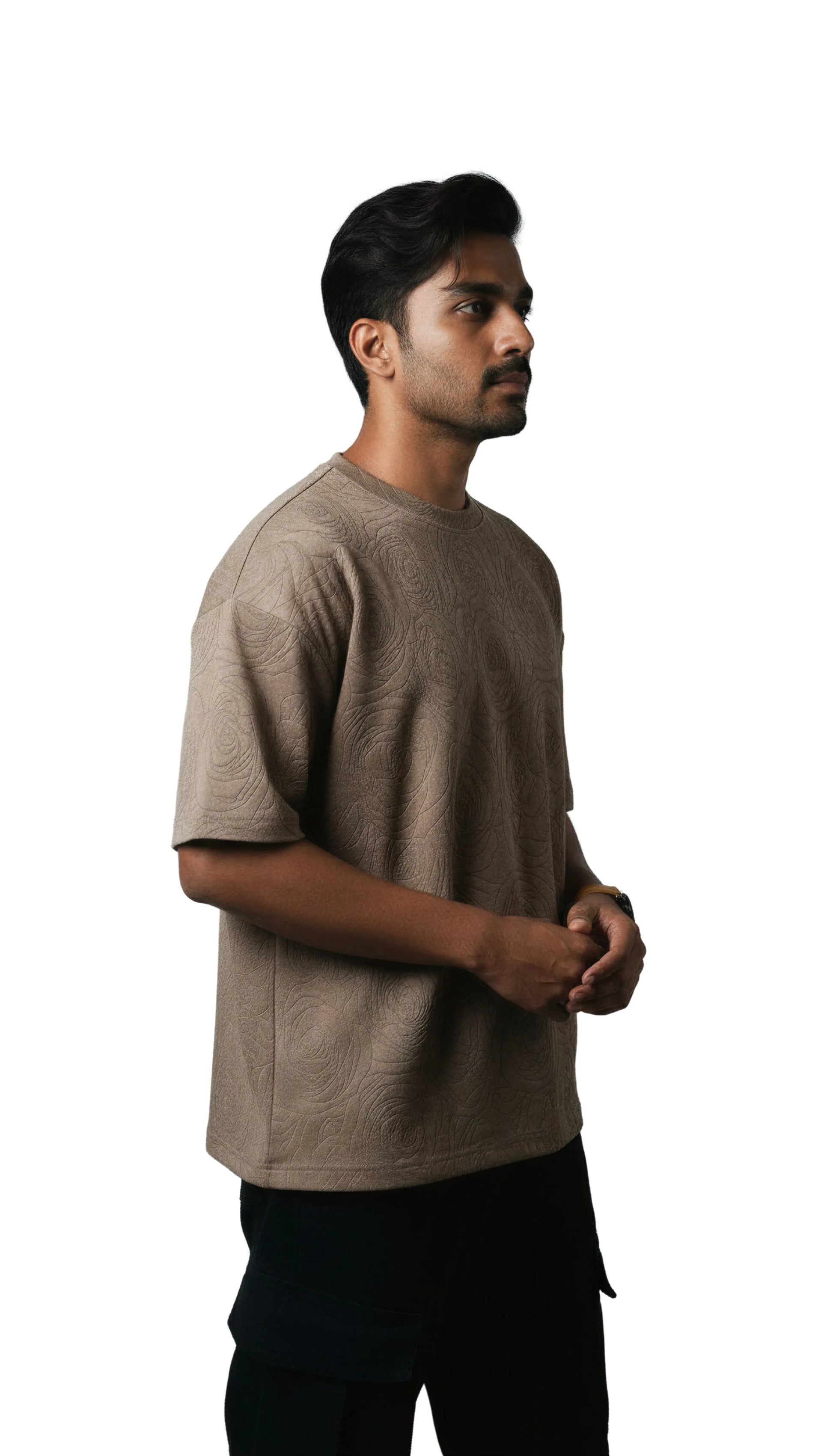 Rose Beige Embossed Drop Shoulder T-Shirt - styleflea