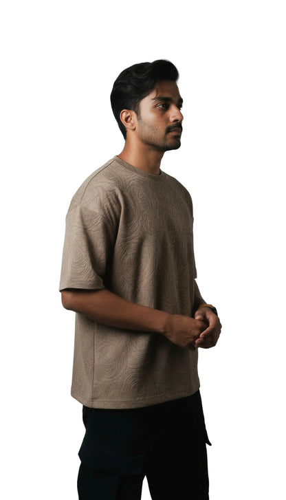 Rose Beige Embossed Drop Shoulder T-Shirt - styleflea