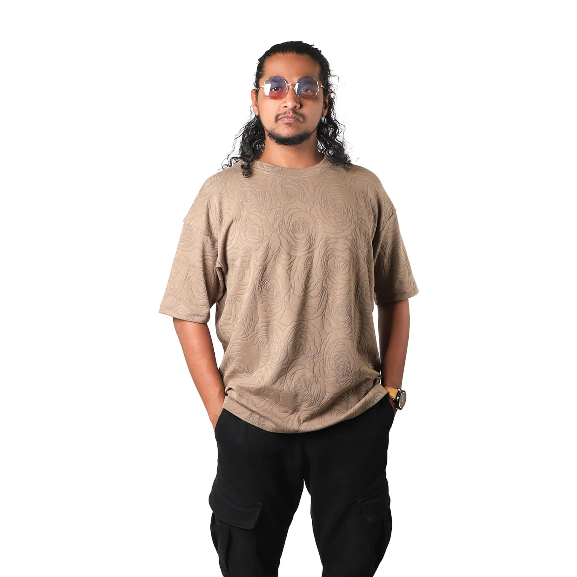 Front view of a beige rose embossed Styleflea t-shirt