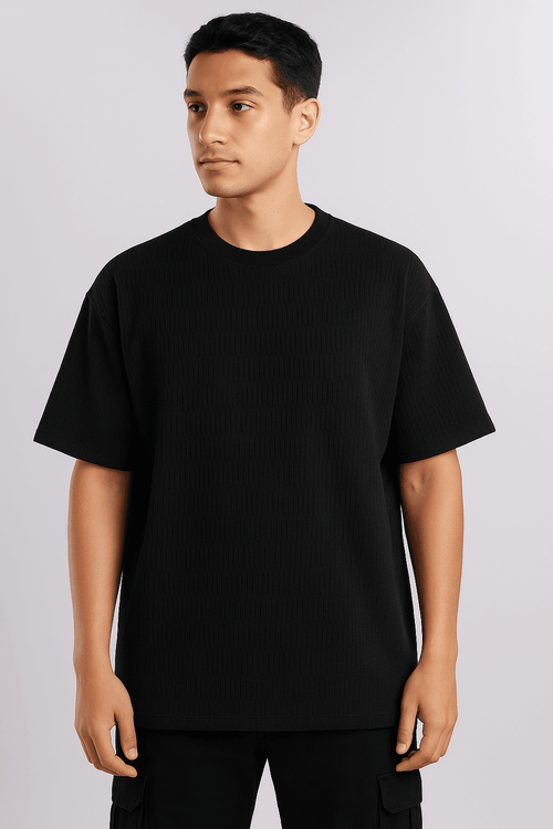 Black Ribbed Oversized T-Shirt - Textured Edition - styleflea