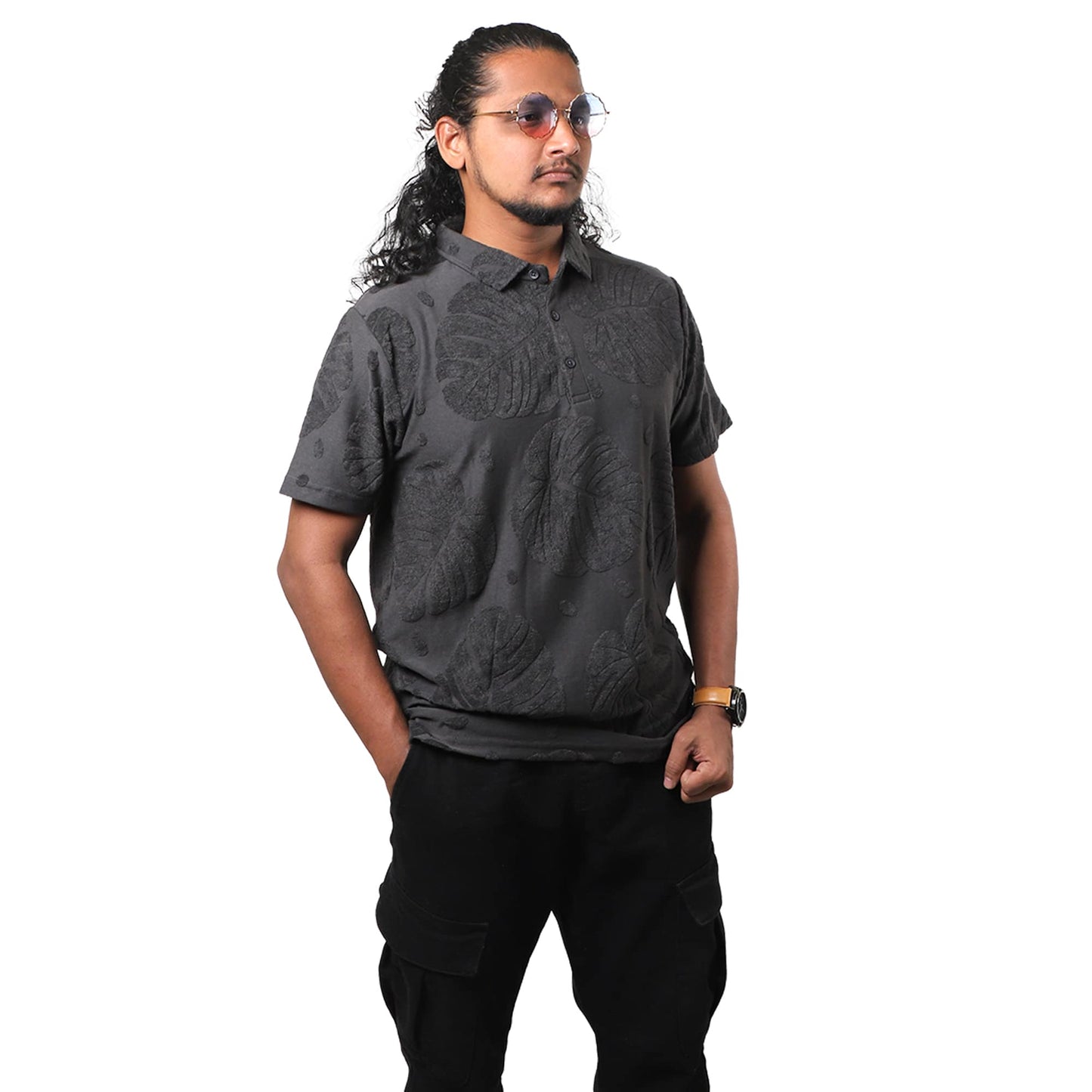 Charcoal  Leaf Pattern Polo