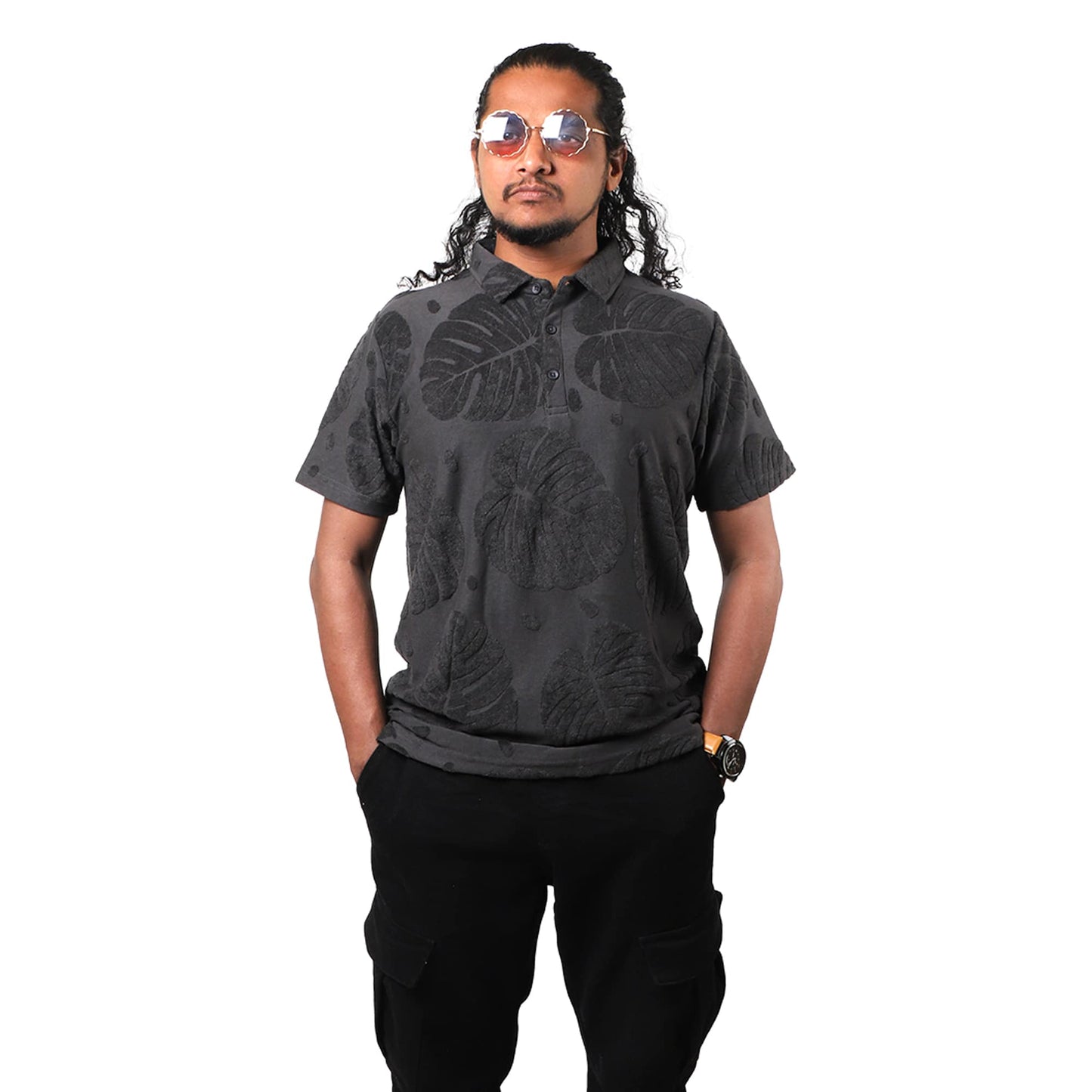 Charcoal  Leaf Pattern Polo