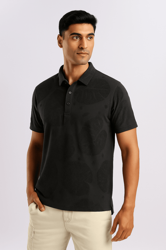 Charcoal Leaf Pattern Polo T-Shirt - styleflea