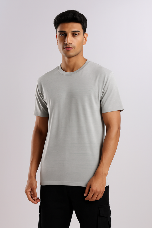 Gray ribbed ultra stretch T-shirt, shown from the front.
