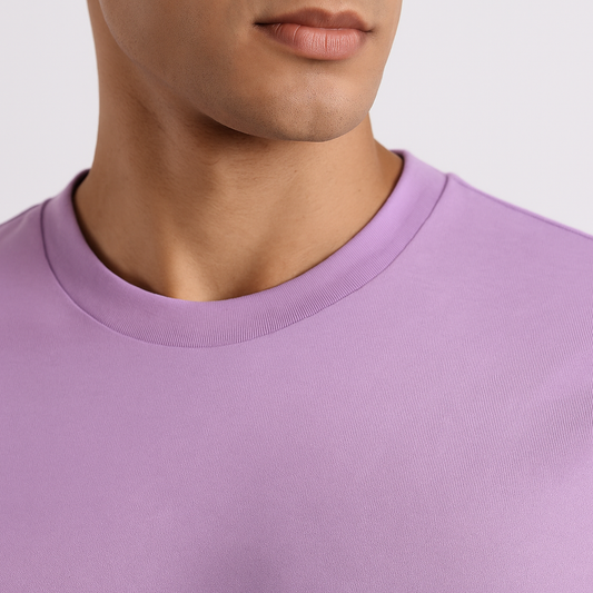 Close-up of lavender ribbed ultra stretch T-shirt showing the detailed ribbed texture.