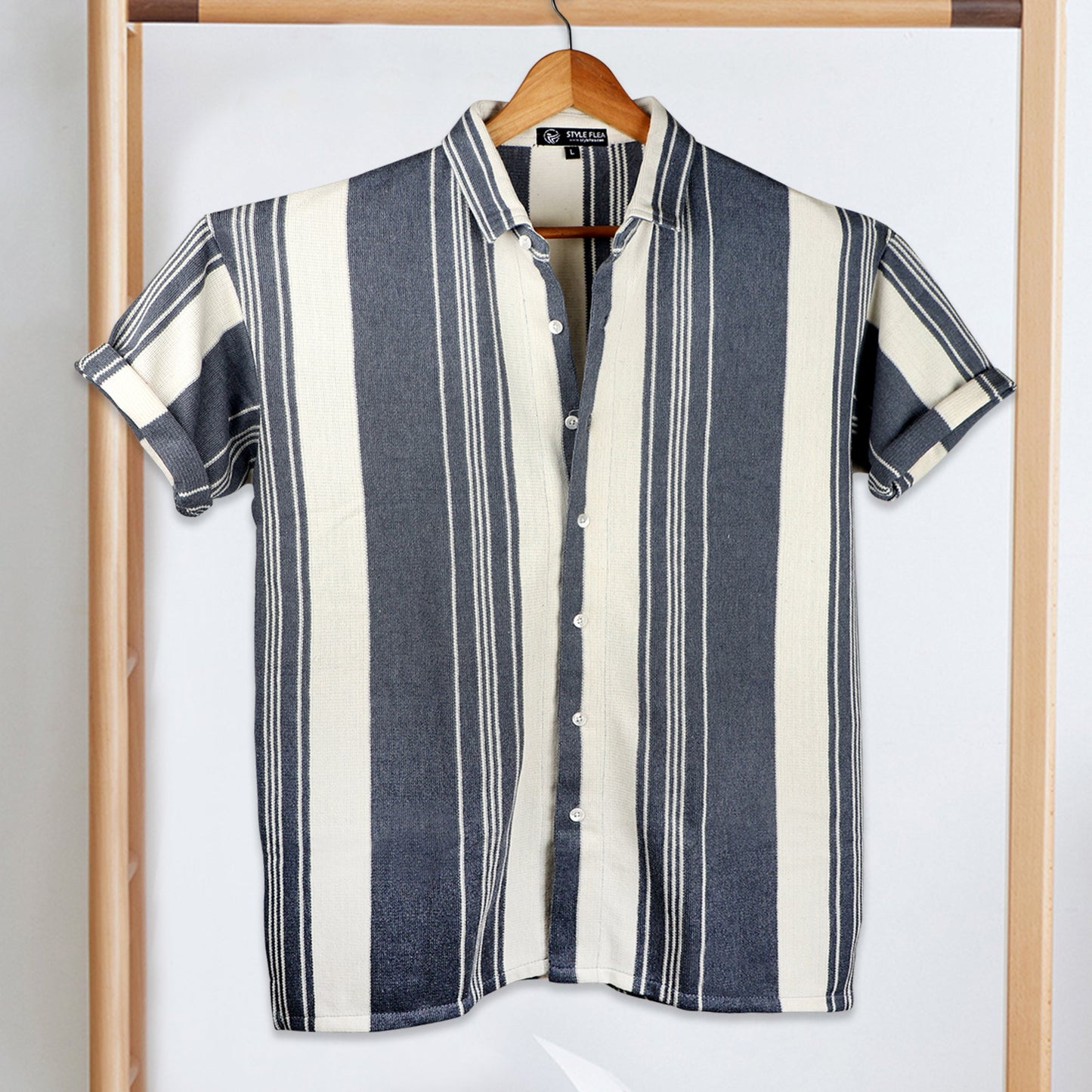 lat-lay of Navy & Cream Striped Shirt – perfect for everyday and semi-formal occasions