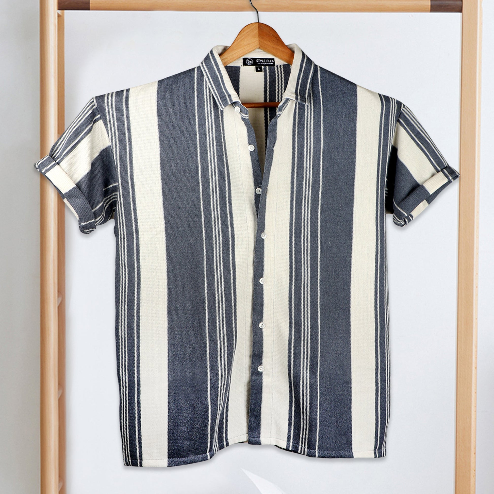 lat-lay of Navy & Cream Striped Shirt – perfect for everyday and semi-formal occasions
