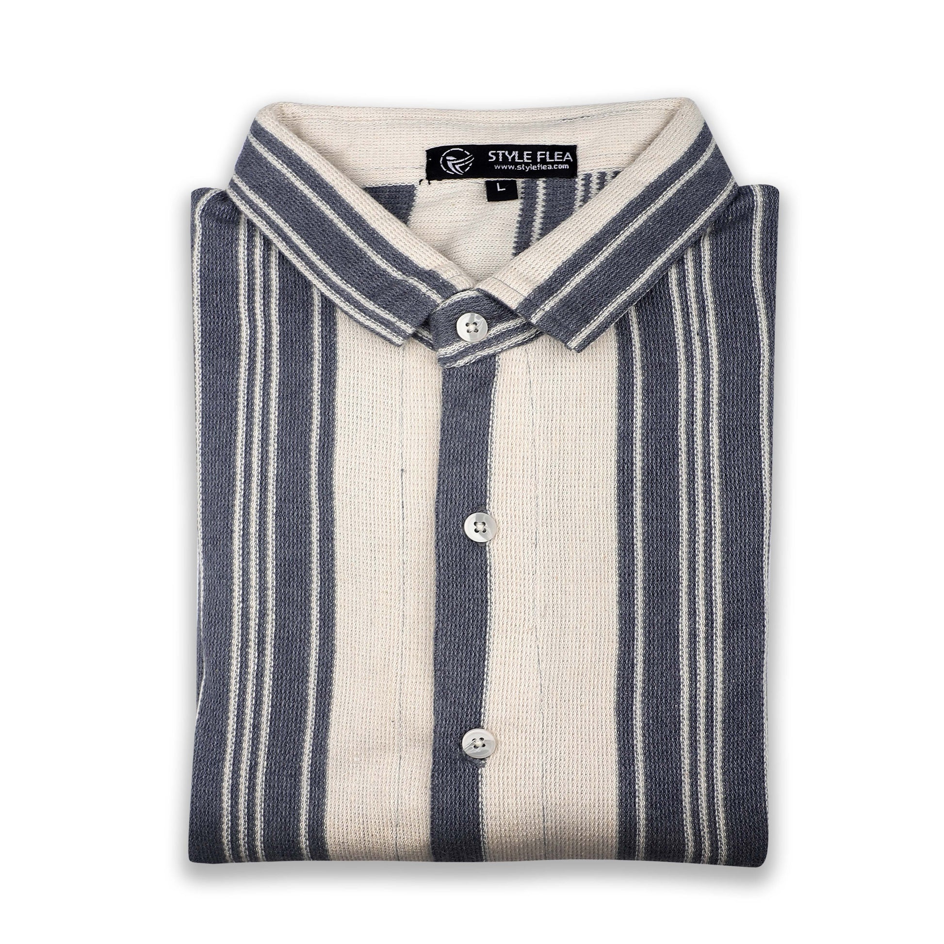 Flat-lay of Navy & Cream Striped Shirt – perfect for everyday and semi-formal occasions