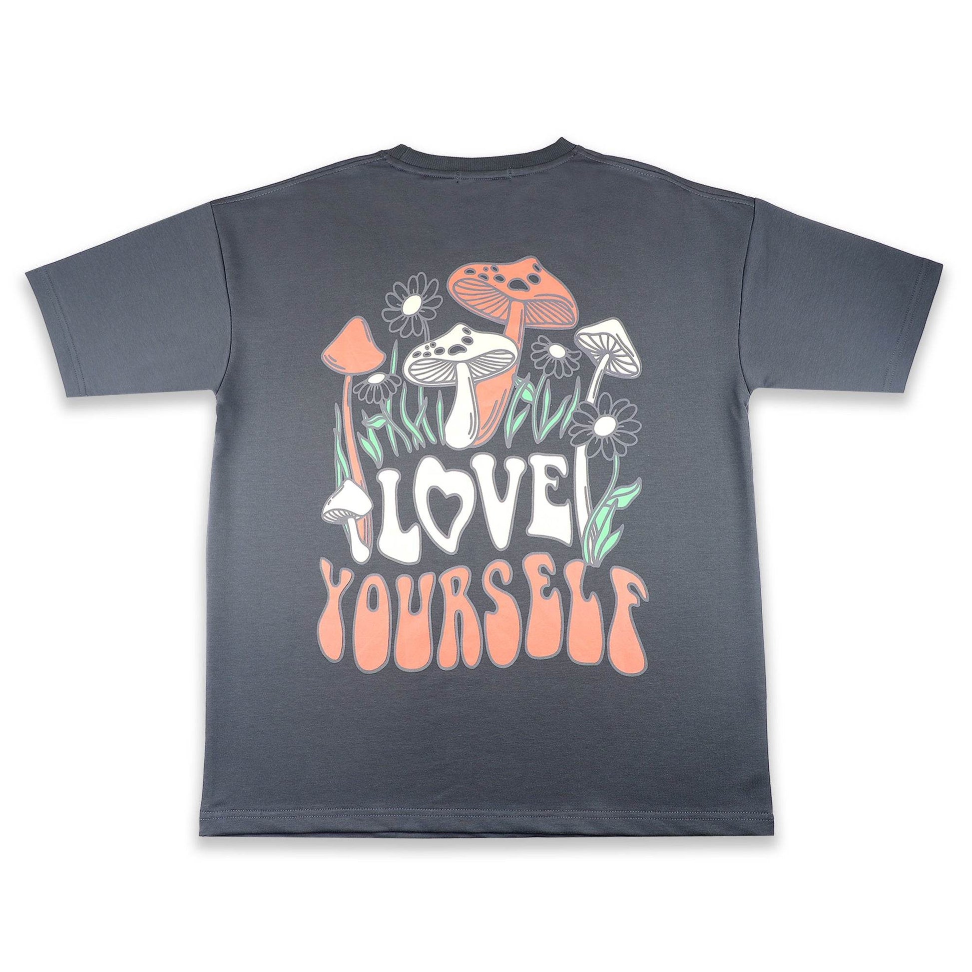 Charcoal blue drop shoulder T-shirt with a large "Love Yourself" mushroom and floral graphic on the back.