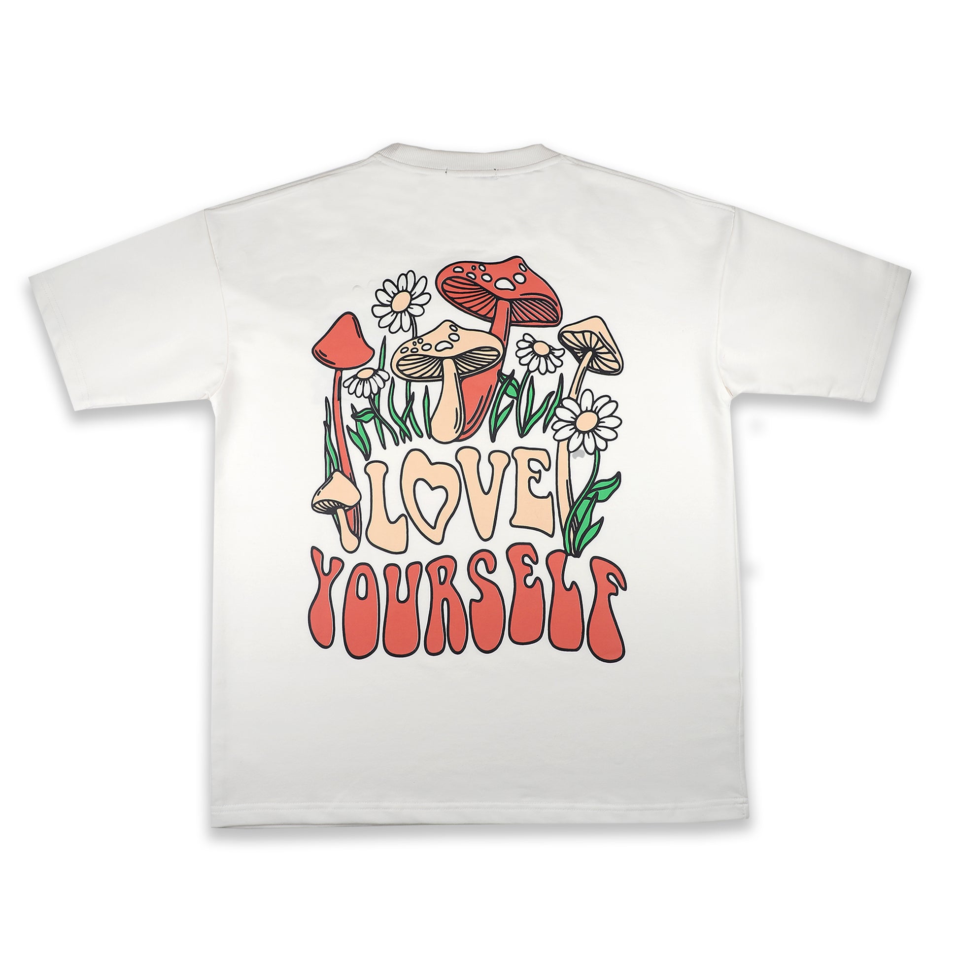 White drop shoulder T-shirt with a large "Love Yourself" mushroom and floral graphic on the back.
