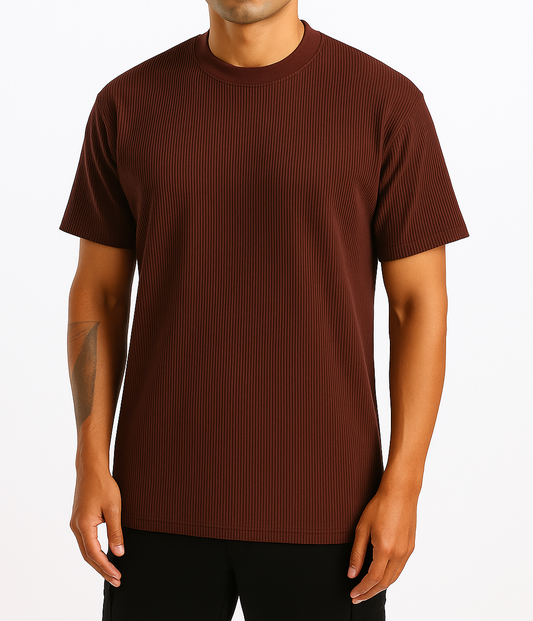 Man wearing a maroon ribbed ultra stretch T-shirt, shown from the front