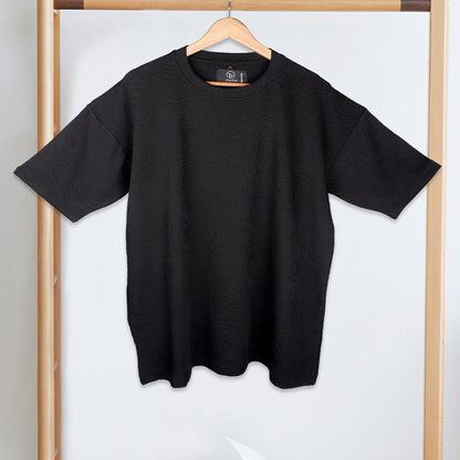 Navy Rose Embossed Drop Shoulder T-Shirt