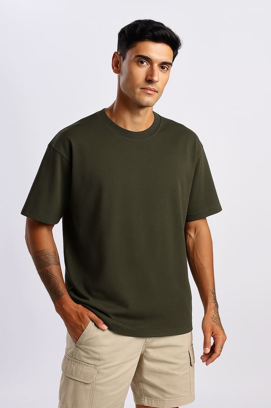 Front view of an olive green oversized t-shirt, showcasing a relaxed fit, crew neck, and dropped shoulders