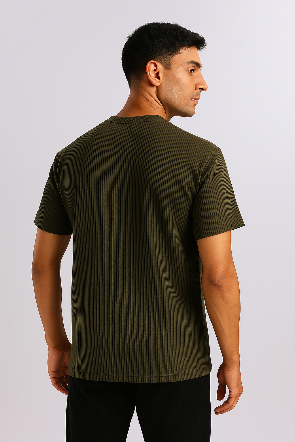 Man wearing an olive ribbed stretch T-shirt, shown from the back.