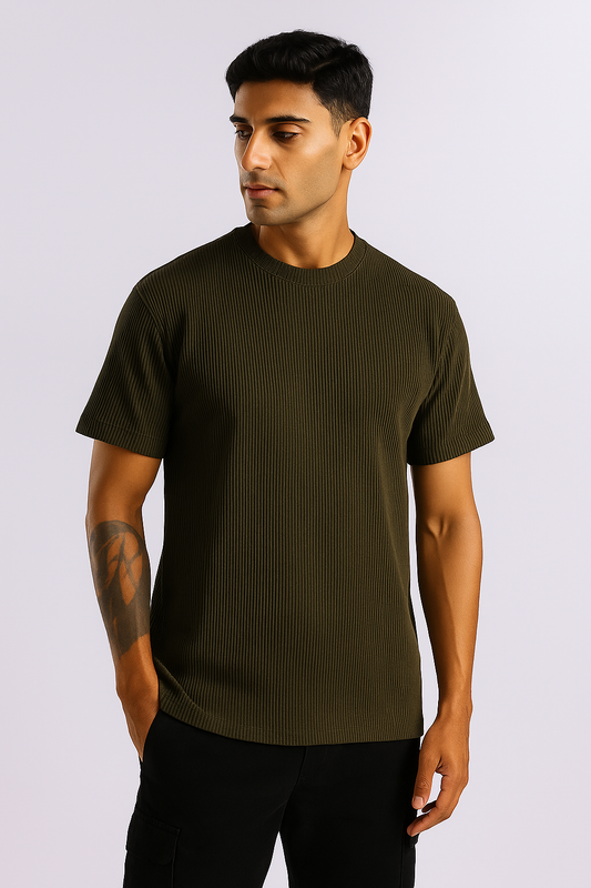 Man wearing an olive ribbed stretch T-shirt, shown from the front.