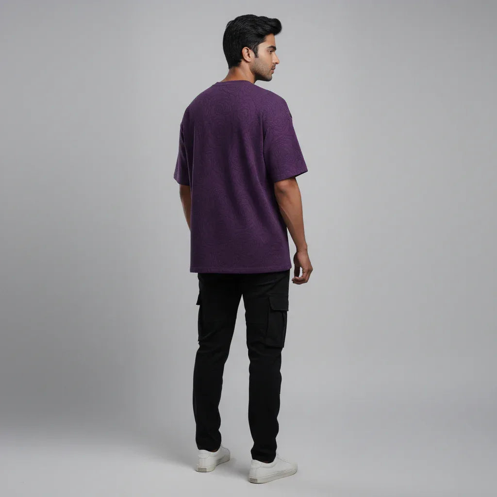 Rose Purple Embossed Drop Shoulder T-Shirt - styleflea