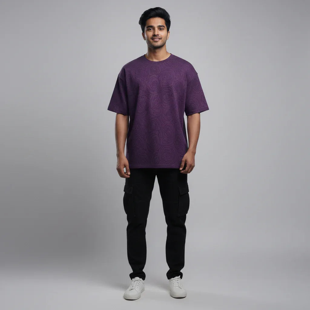 Rose Purple Embossed Drop Shoulder T-Shirt - styleflea