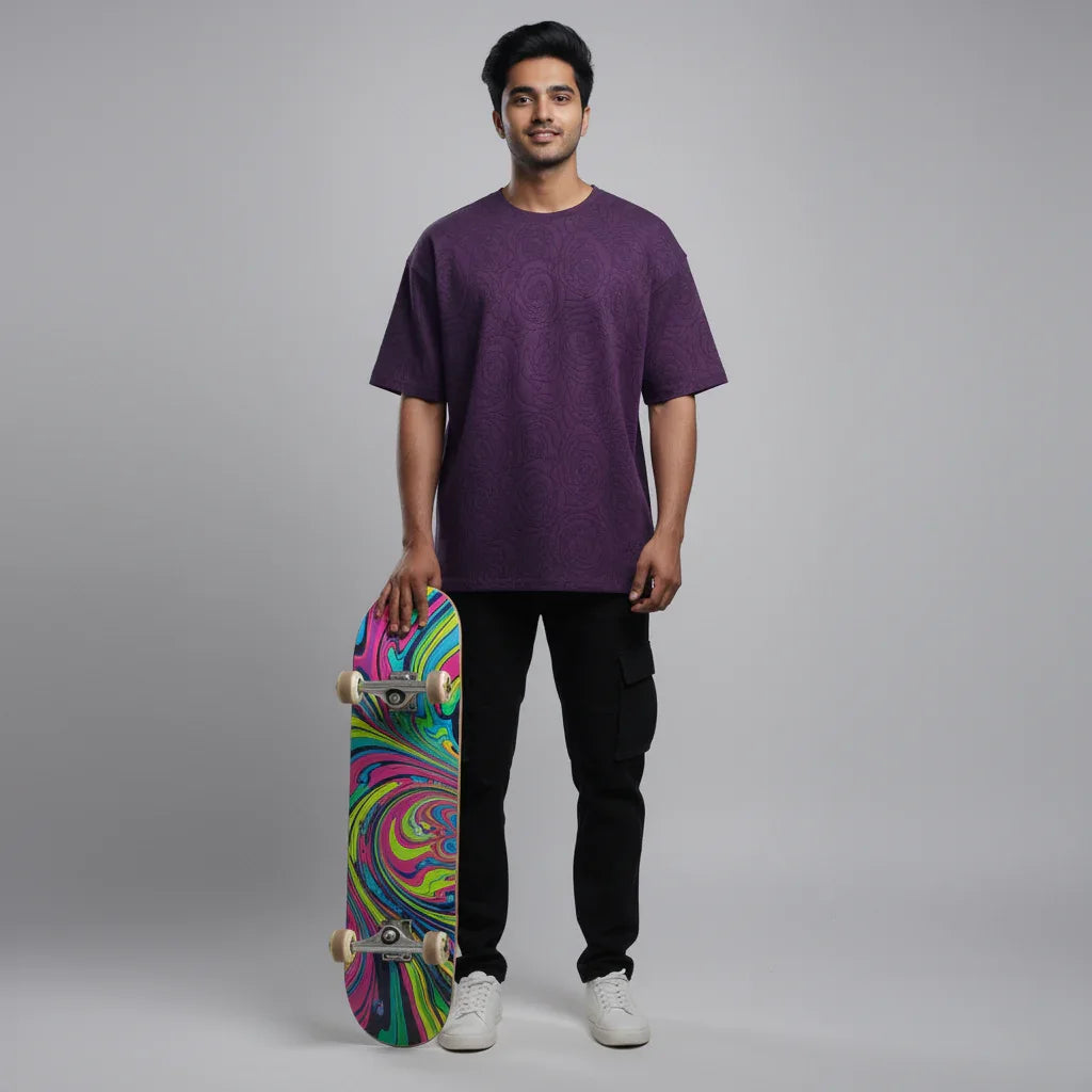 Rose Purple Embossed Drop Shoulder T-Shirt - styleflea
