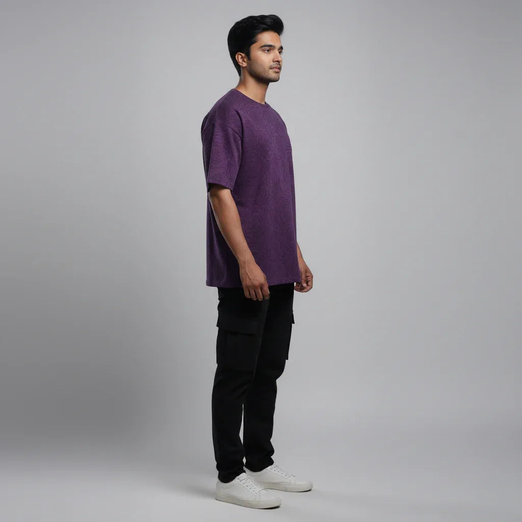 Rose Purple Embossed Drop Shoulder T-Shirt - styleflea