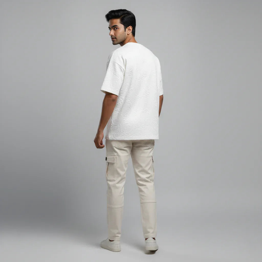 Rose White Embossed Drop Shoulder T-Shirt - styleflea