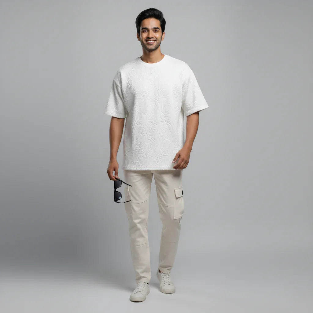 Rose White Embossed Drop Shoulder T-Shirt - styleflea