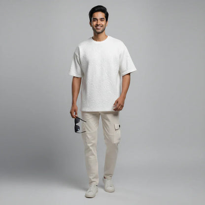 Rose White Embossed Drop Shoulder T-Shirt - styleflea