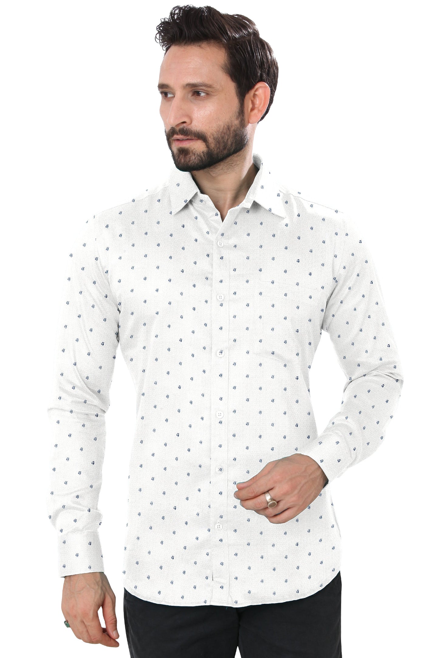 Men's White Printed Design Casual Full Sleeves 100% Cotton 