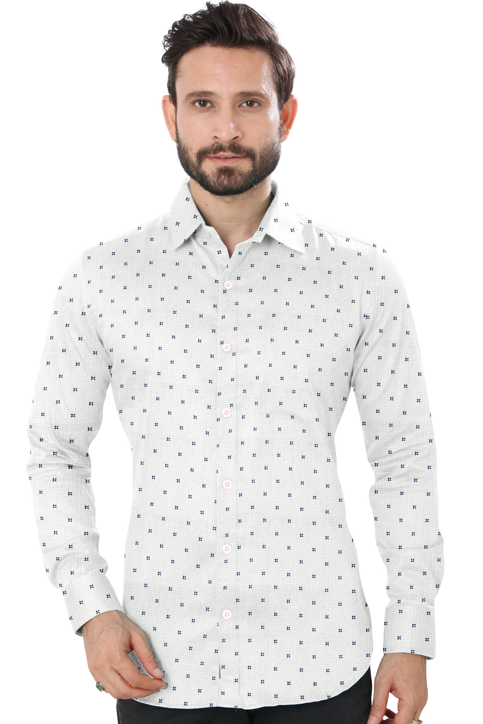 Men White Printed Design Casual Shirt Full Sleeves 100% Cotton 