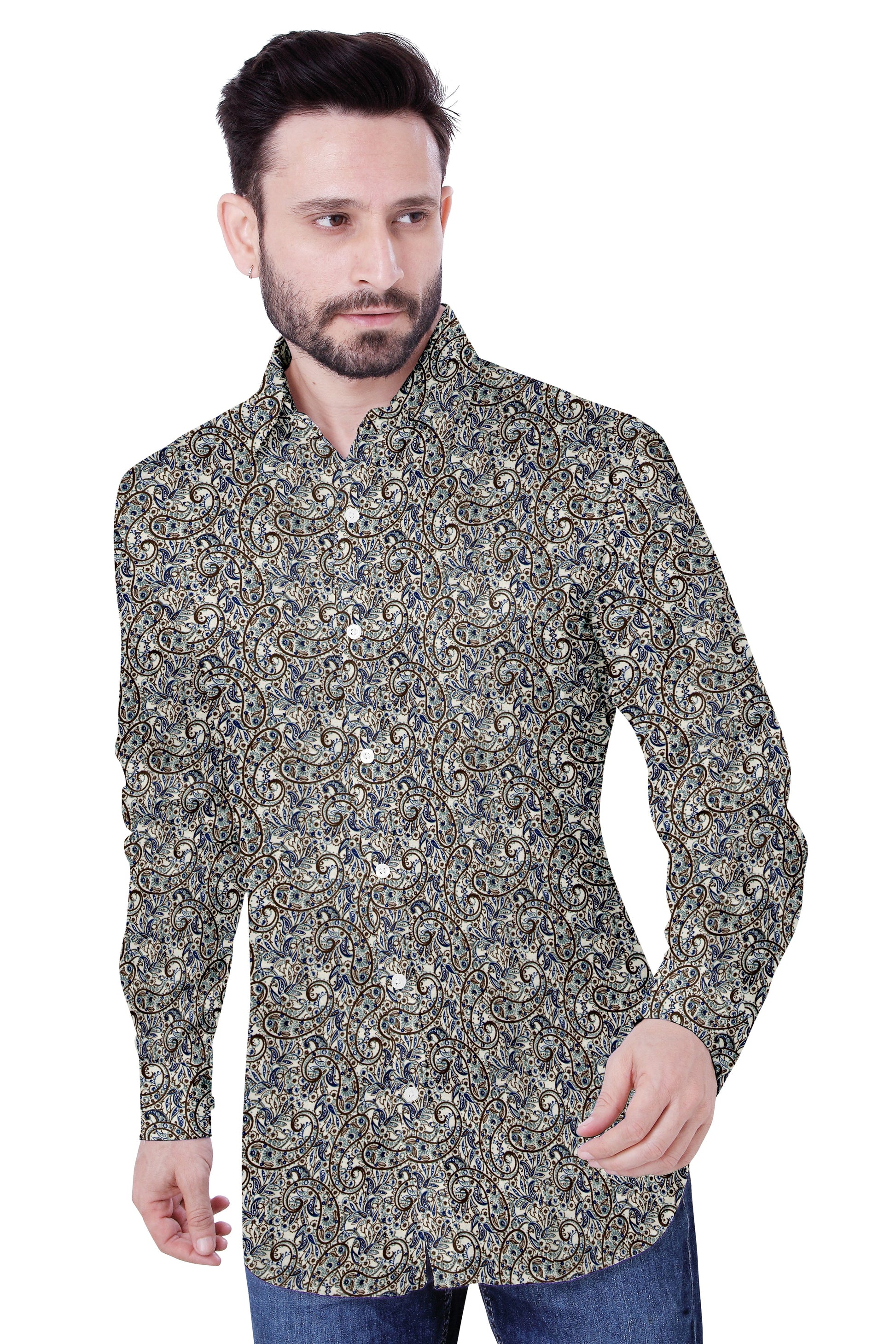 Men's Green Printed Casual Full Sleeves 100% Cotton 