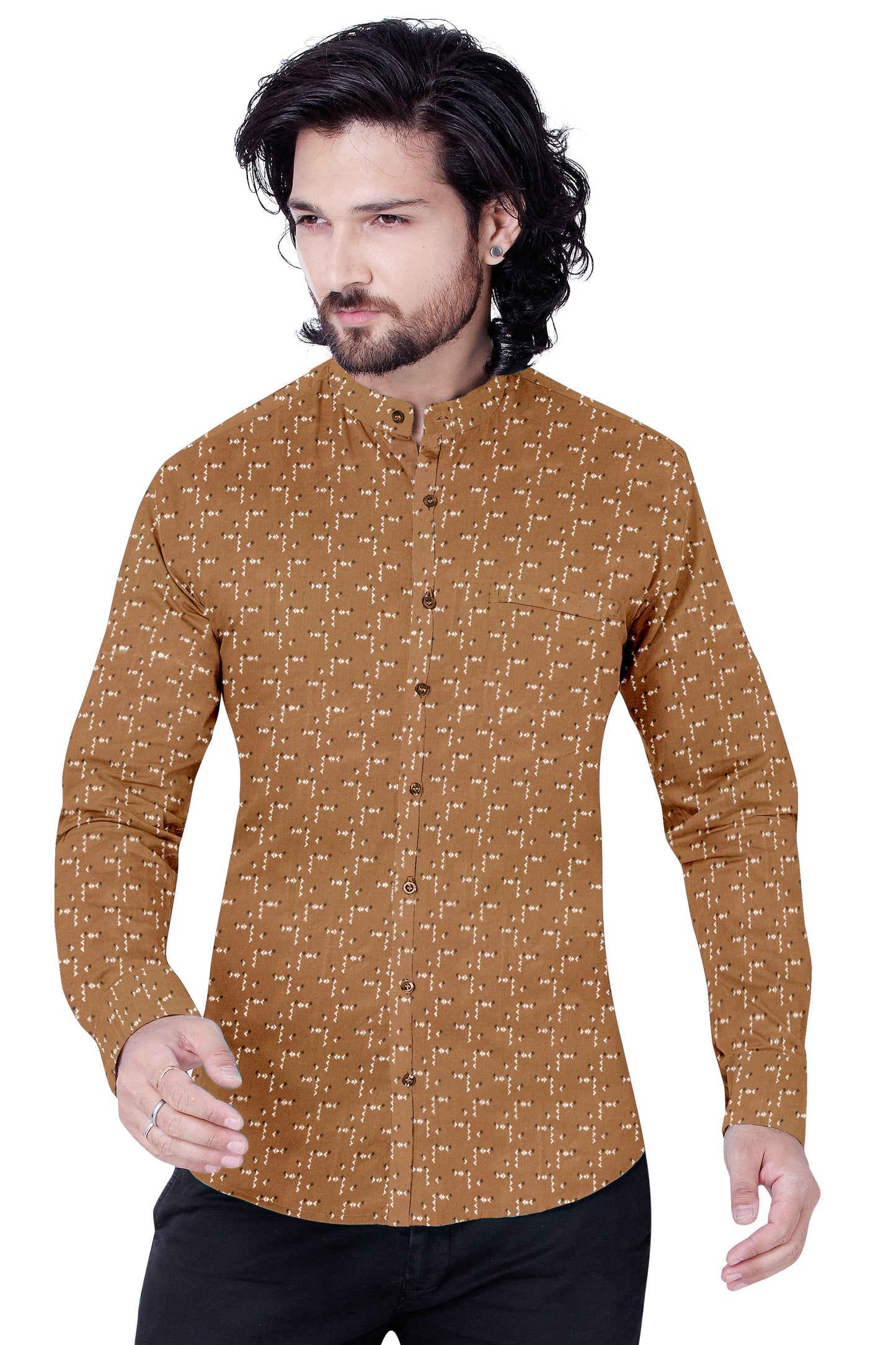 Men Mustard Printed Design Casual Shirt Full Sleeves 100% Cotton 