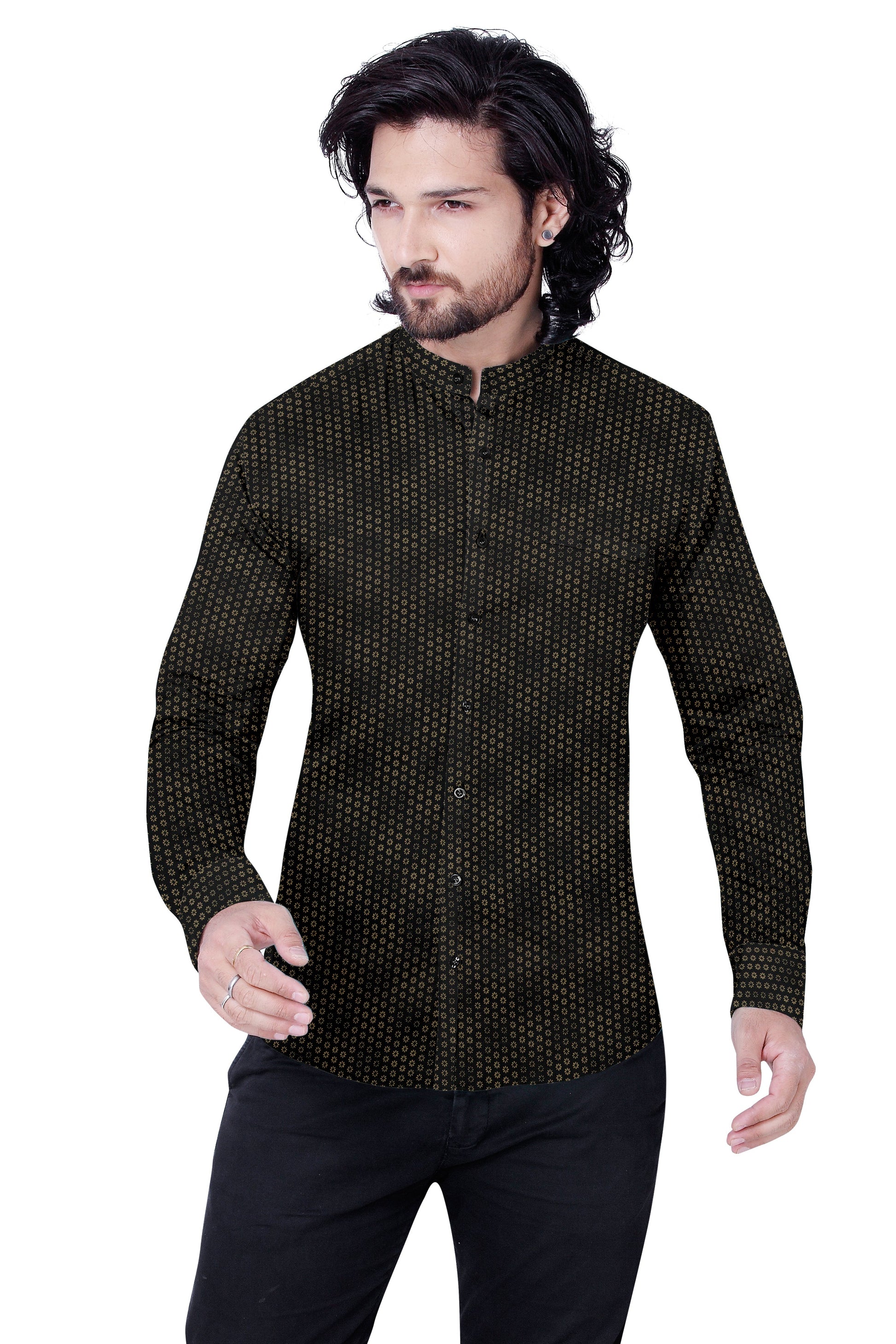 Men Dark Green Printed Design Casual Shirt 100% Cotton 
