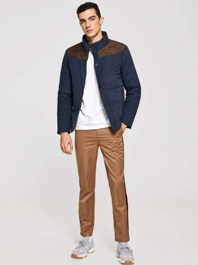 Men Contrast Suede Color Block Outerwear