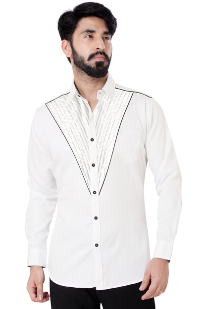 Men White Printed Design Casual Shirt 100% Cotton 