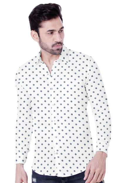 Men's White Dotted Casual Full Sleeves 100% Cotton 
