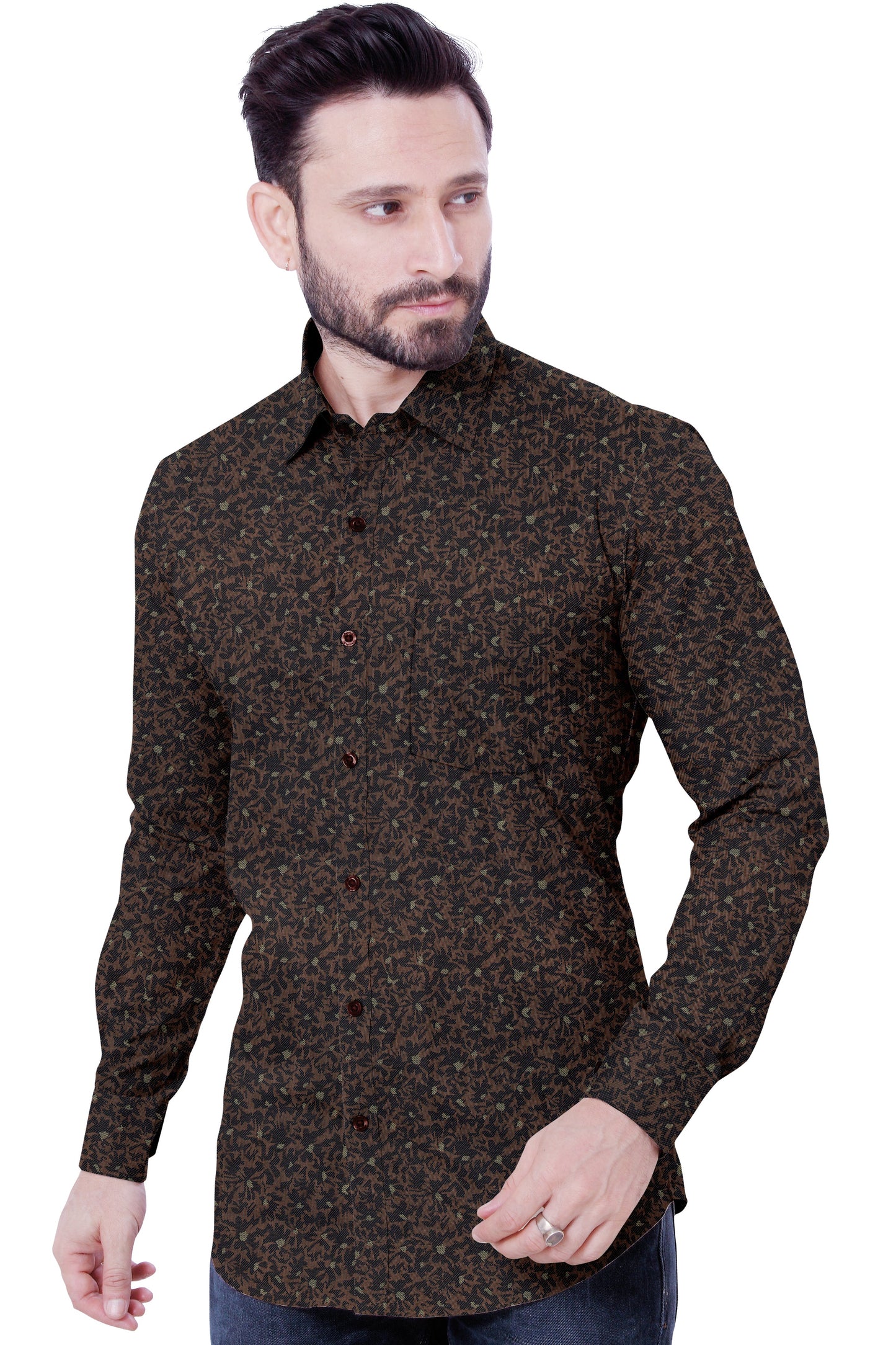 Men's Brown Printed Casual Full Sleeves 100% Cotton 